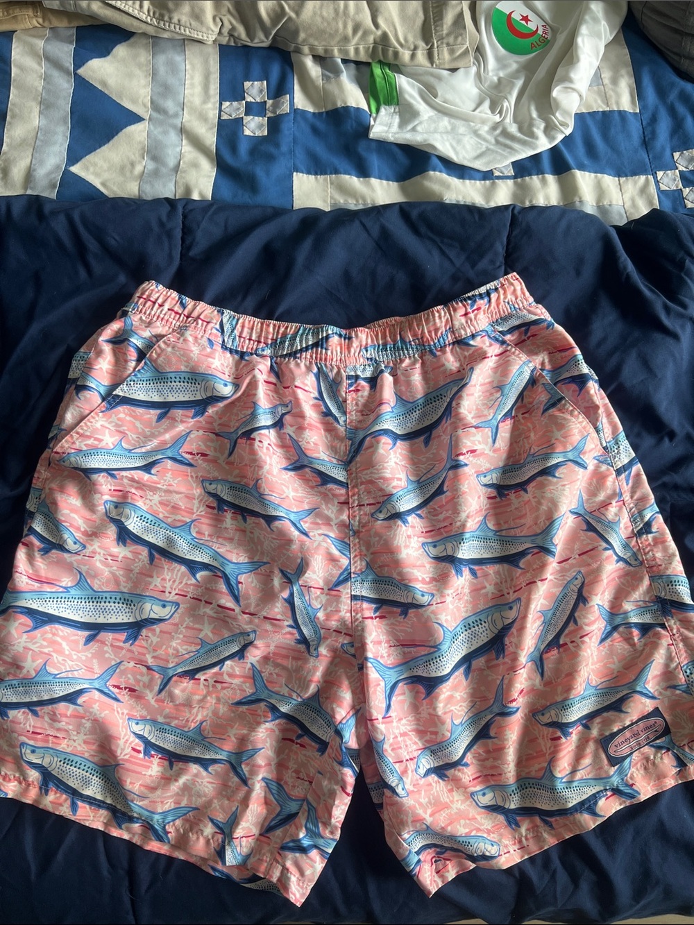 Vineyard Vines Pink Swim Trunks with Blue Fish Print